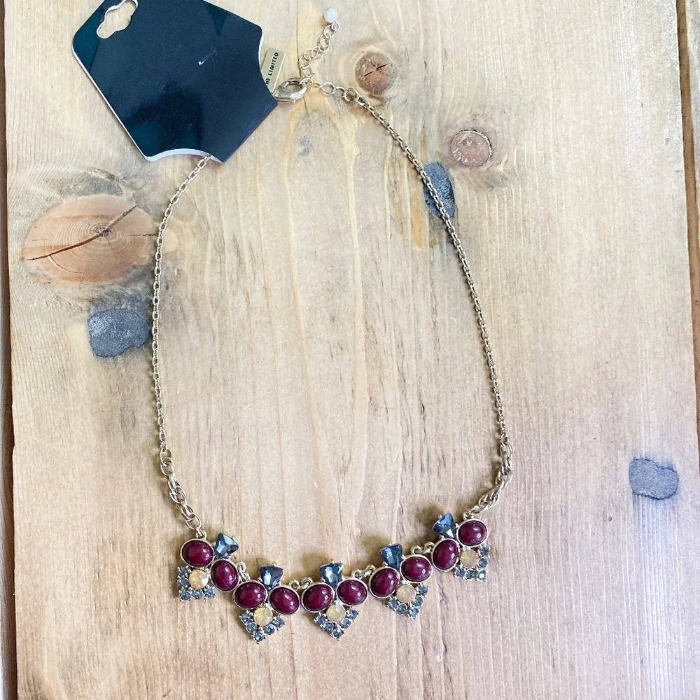 The Limited Necklace‎ Jeweled Maroon and Gray with Gold NWT Crystals